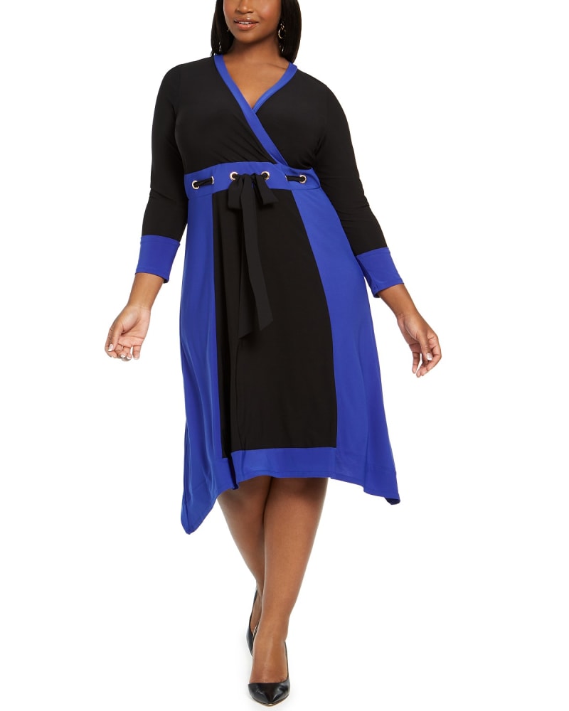 Front of a model wearing a size 1X Love Squared Women's Plus Size Trendy Grommet Waist Dress Blue Size 1X in Blue by Love Squared. | dia_product_style_image_id:312881